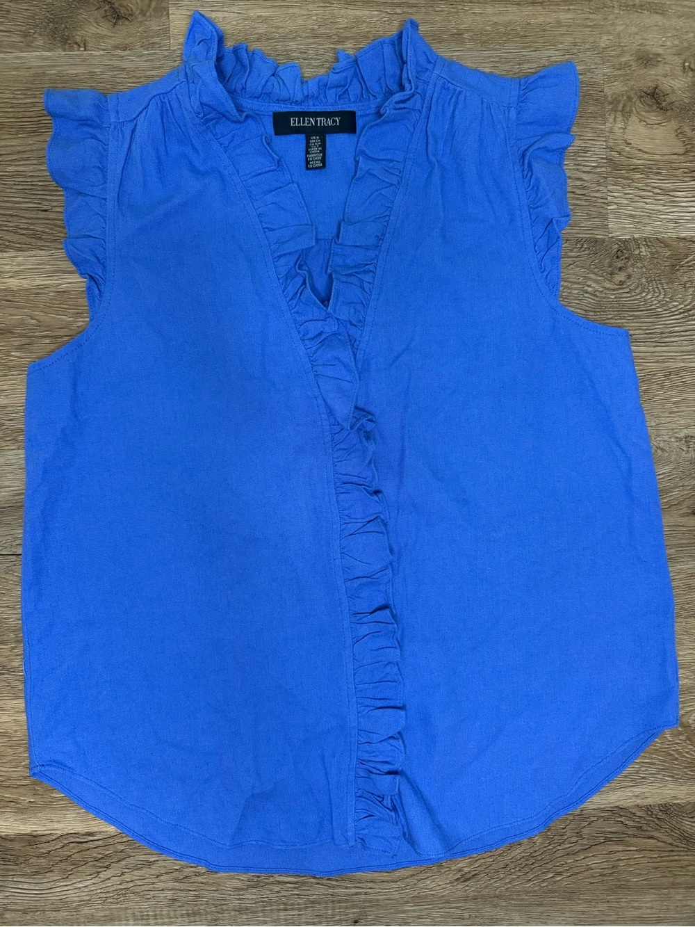 Ellen Tracy Bright Blue Linen Blend Ruffle Sleeveless Blouse